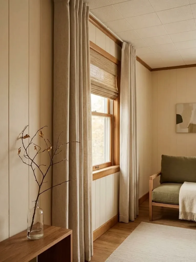 Existing older mobile home window refreshed with simple linen curtains and warm autumn styling without replacement.