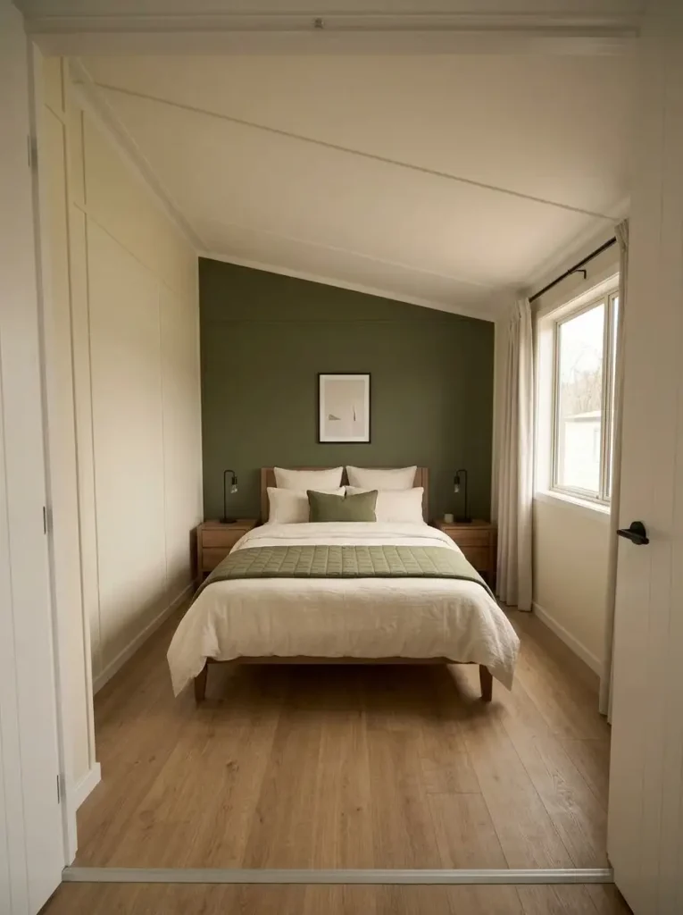 Mobile home bedroom with a muted olive headboard wall, pale side walls, cream bedding, and warm wood flooring.