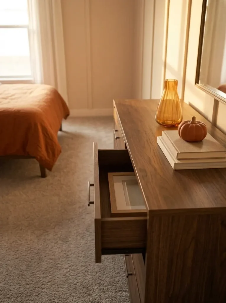 Fall dresser styling with one decorative item stored away as a new seasonal accent takes its place in a small bedroom.