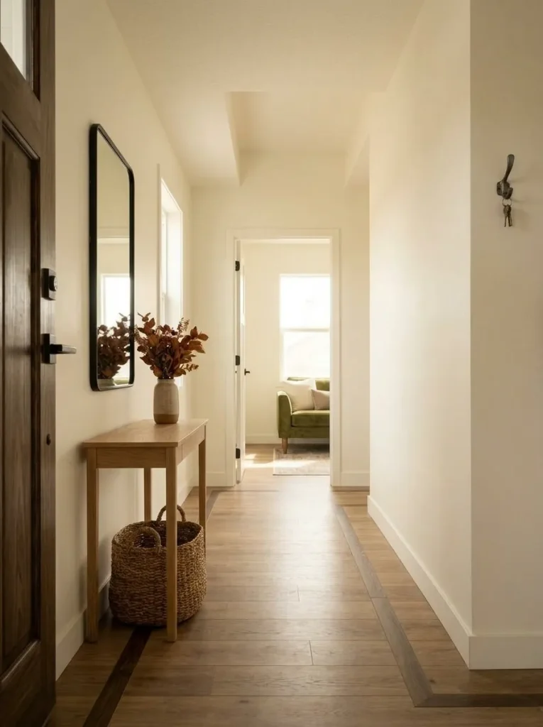 Narrow mobile home entryway with fall decor concentrated on one wall and the opposite side kept visually quiet.