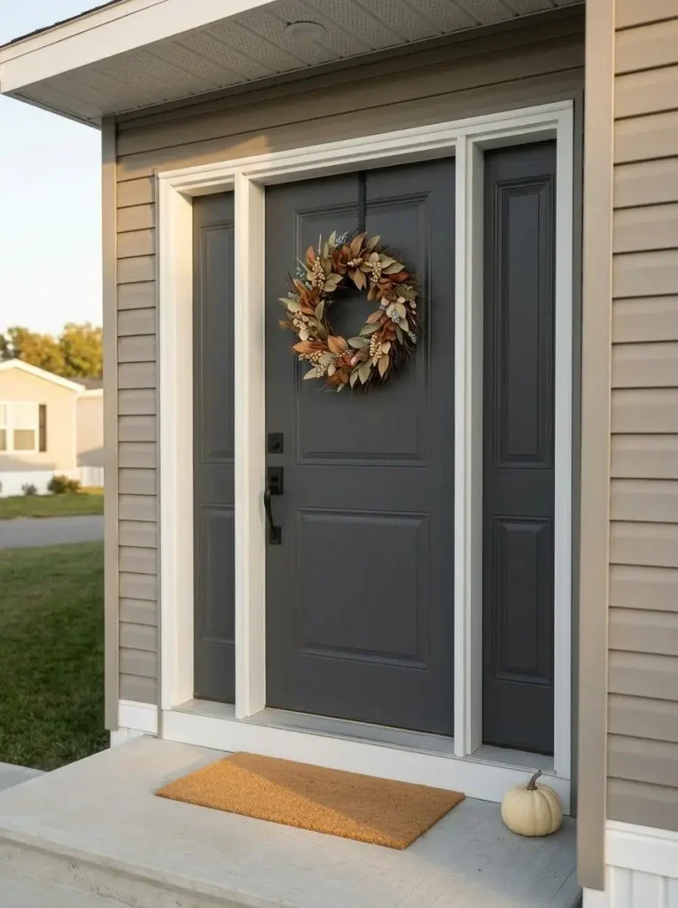 Open-center fall wreath on a solid charcoal mobile home front door with visible panel details.
