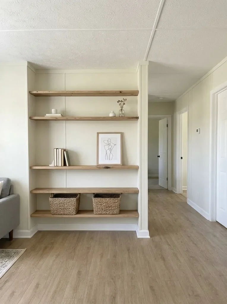 Open reclaimed-wood shelving in a mobile home with books, framed art and baskets separated by generous empty space.
