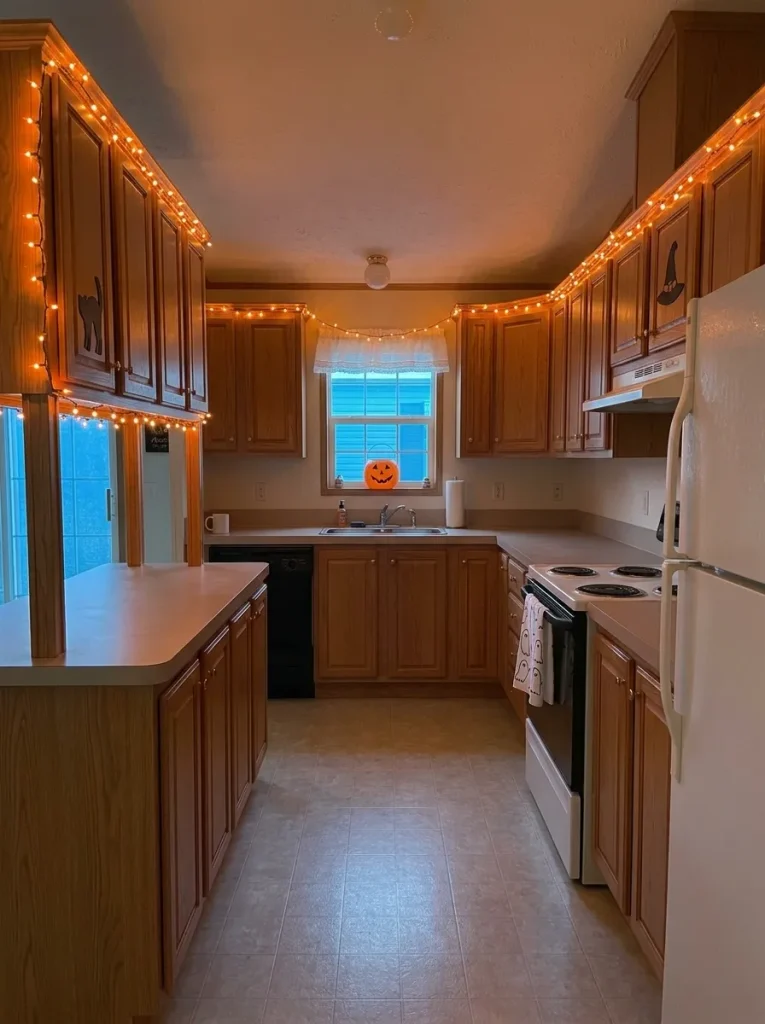 One deliberate lighting route creates the nighttime nostalgia while leaving the compact kitchen usable and visually calm.