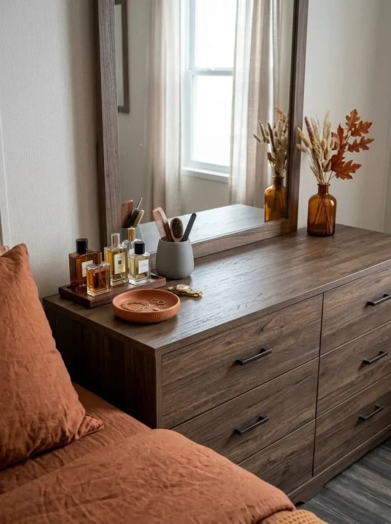 Organized perfume, jewelry and grooming items grouped on a dresser beside restrained fall decor in a small mobile home bedroom.