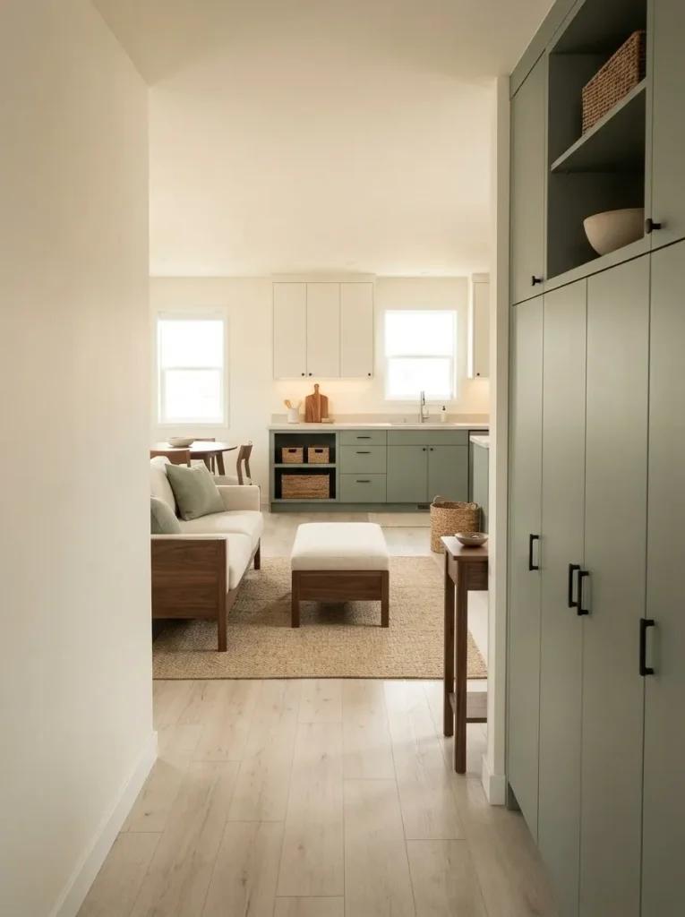 Finished small mobile home interior with organized storage, clear counters, open circulation and intentionally unused wall and floor space.