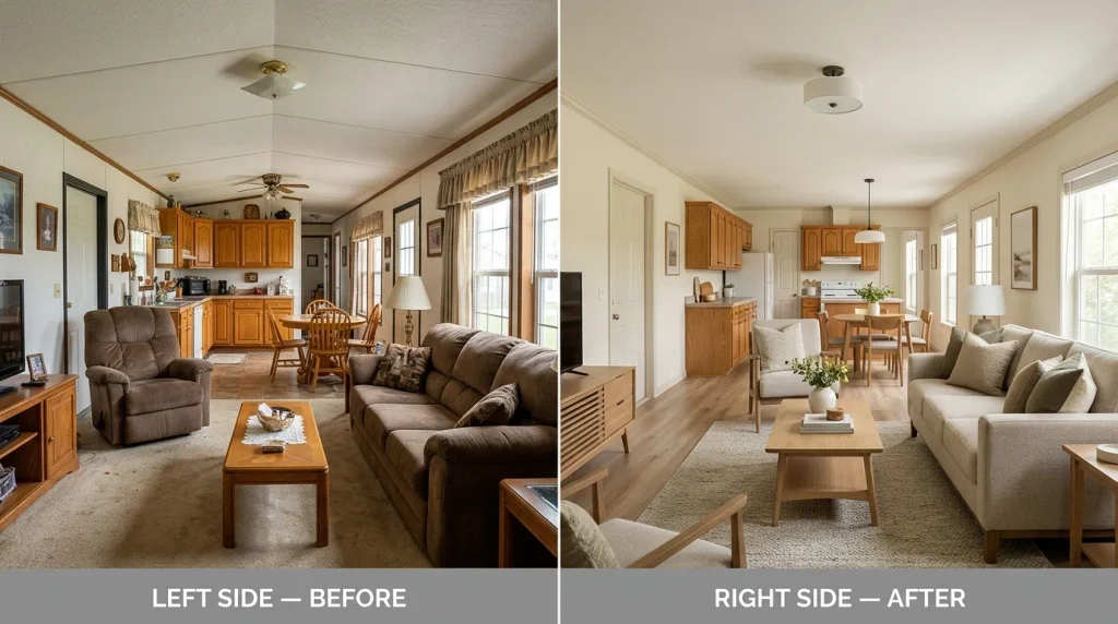 Before-and-after view of an outdated mobile home makeover showing the same living, dining, and kitchen interior transformed with calmer finishes, better furniture spacing, and retained wood cabinetry.