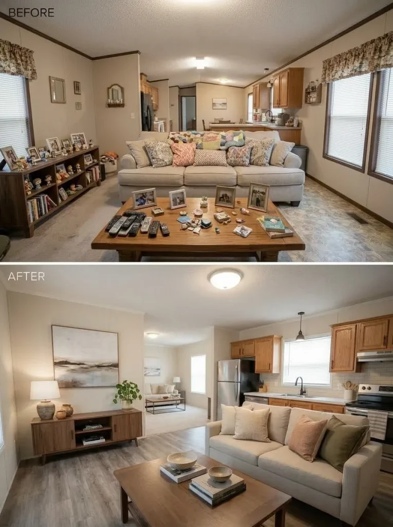 Same-angle final before-and-after view of an outdated mobile home makeover showing how the interior hierarchy changes while the original architecture remains recognizable.