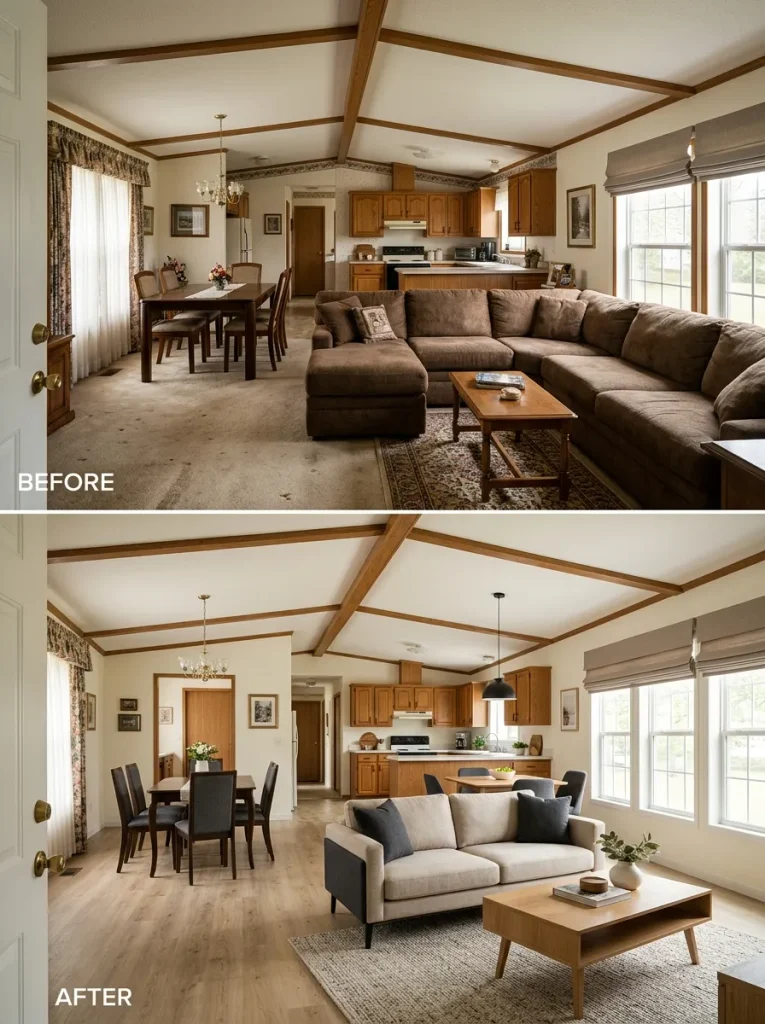 Before-and-after view of an older mobile home living and dining area showing how calming the shell and simplifying furnishings can modernize the same existing space.