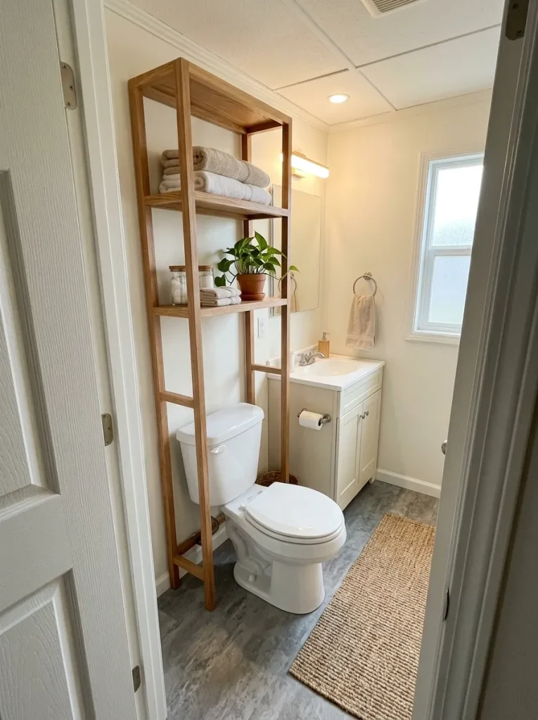 Tall over-the-toilet storage tower adding towels and toiletries without crowding a small mobile-home bathroom.