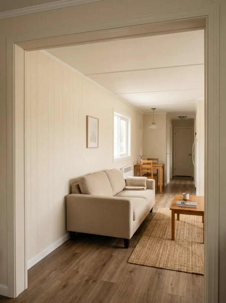 Warm off-white paint refreshes the largest dated wall field in a narrow mobile home living room.