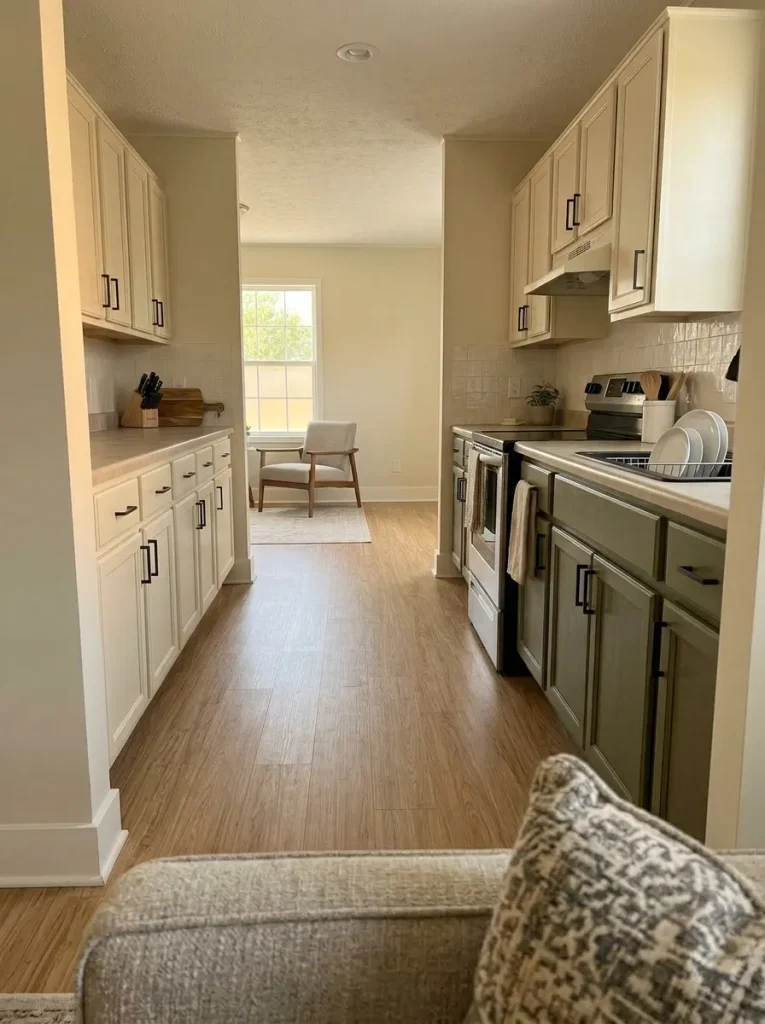 Single-wide mobile home viewed from the living room with one kitchen cabinet bank painted green as a color test.