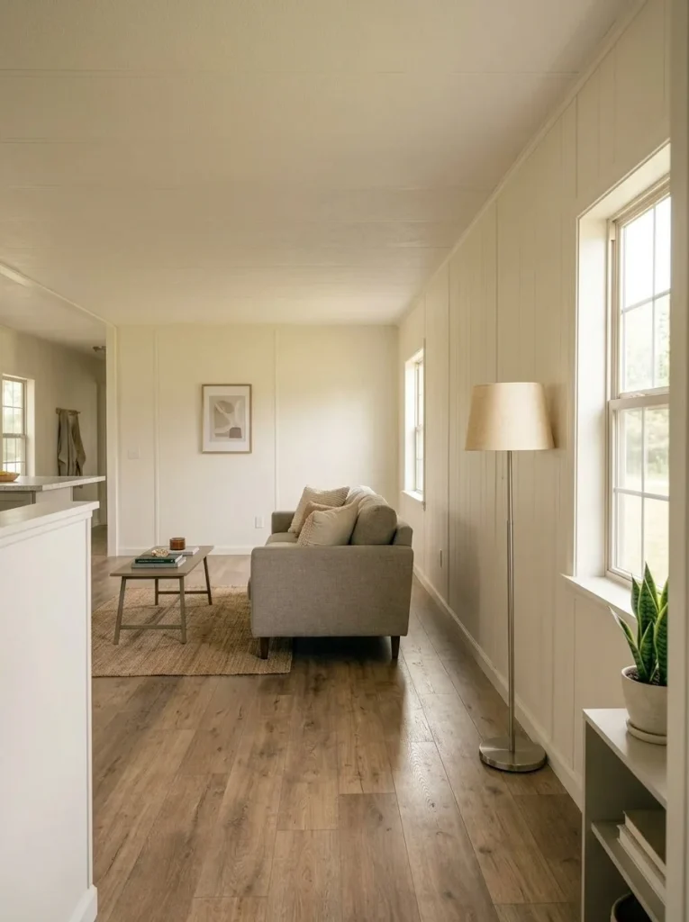Painted mobile home wall panels and battens create a calmer continuous wall plane in a narrow living room.