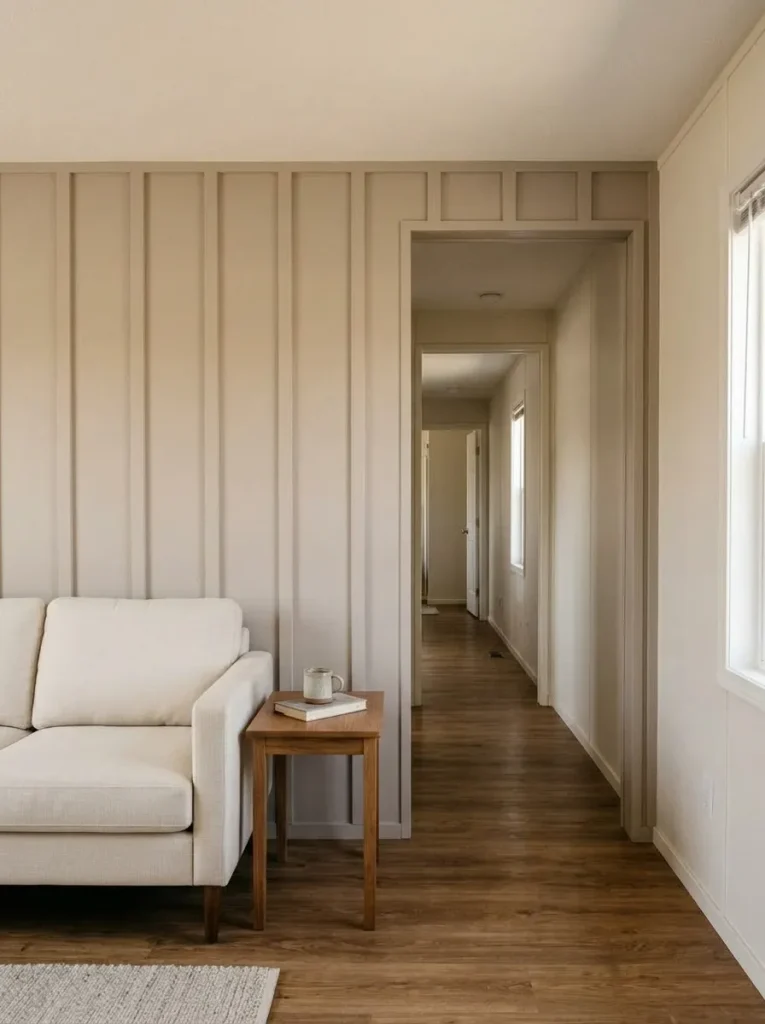 Painted mobile-home wall panels and battens creating a calmer continuous backdrop behind a compact living room sofa.