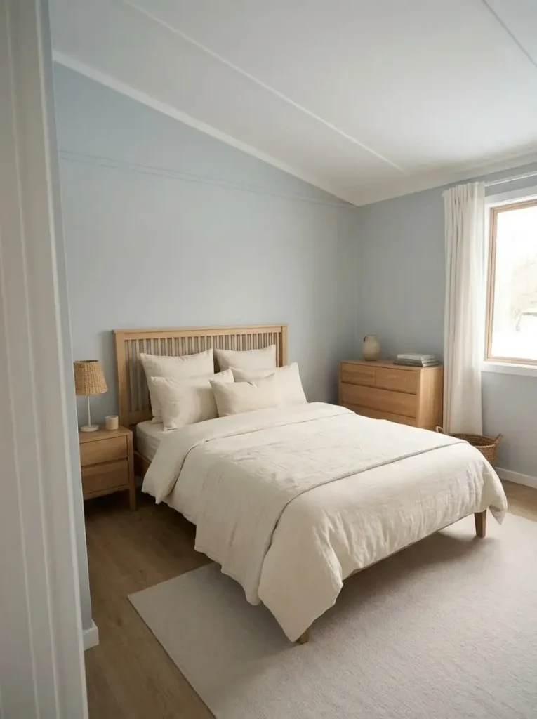 Pale blue-gray mobile home bedroom with light wood furniture, cream bedding, and soft rustic details.