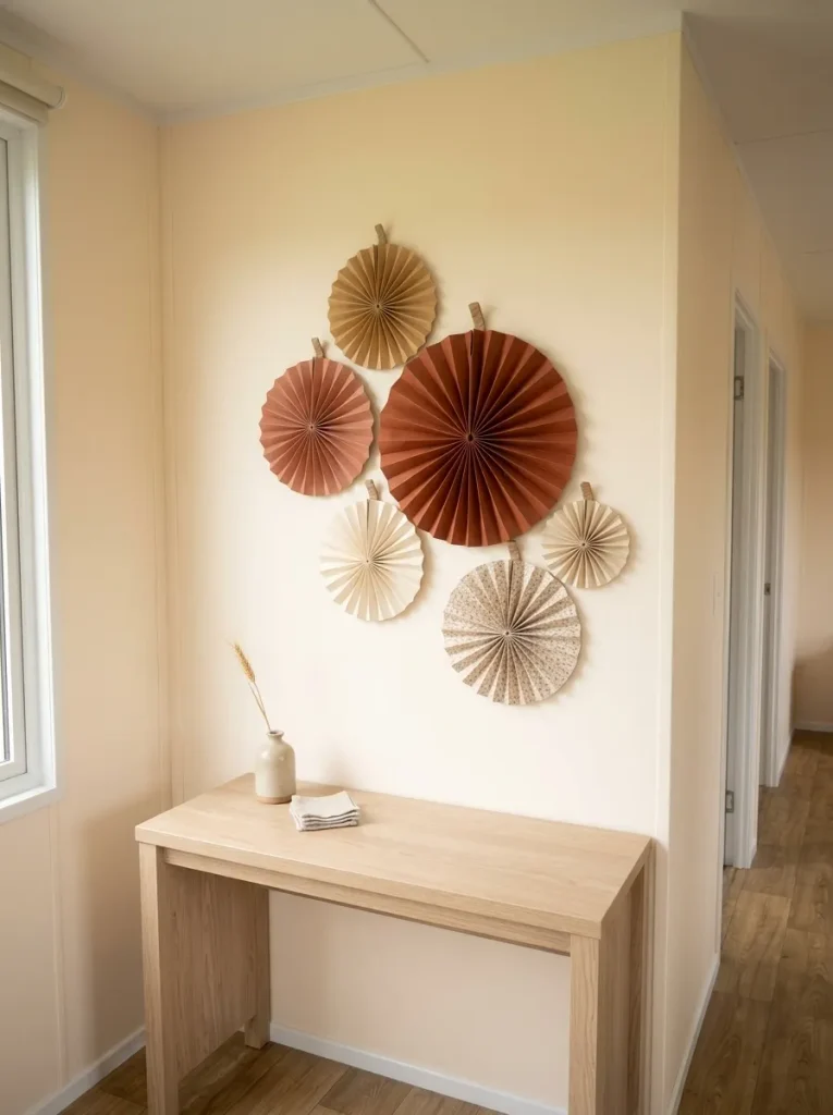 Shallow paper pumpkin medallion cluster arranged above a narrow console in a compact mobile home living area.