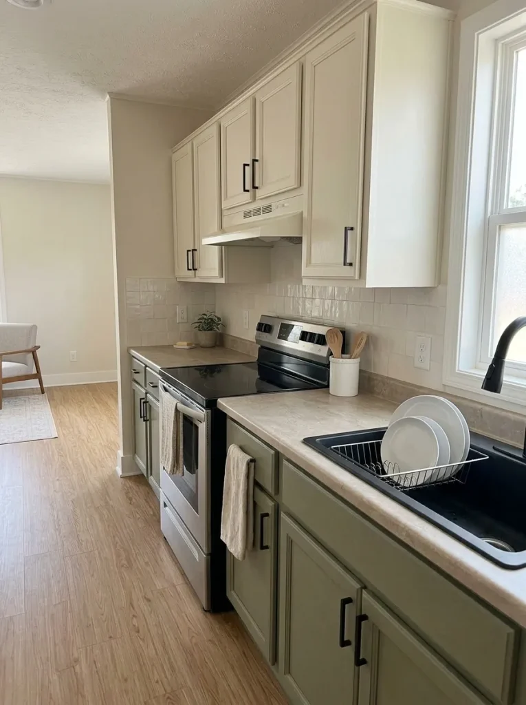 Mobile-home kitchen with a neatly aligned peel-and-stick backsplash installed across a stable wall between existing cabinets and countertop.