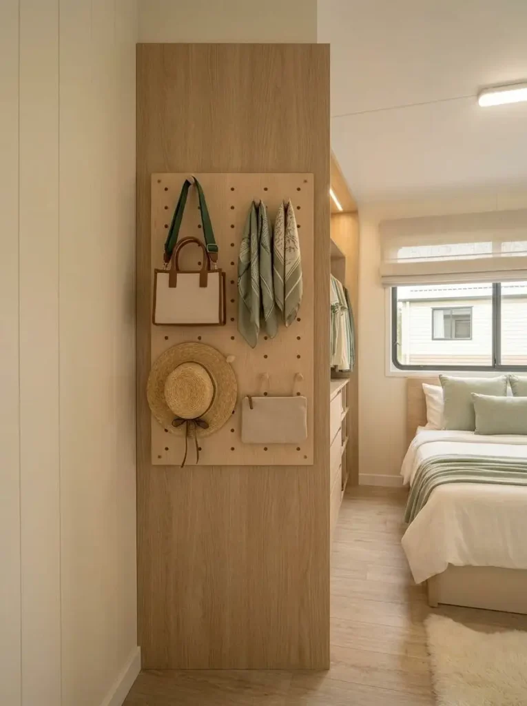 Pegboard on the side of a bedroom wardrobe organizing lightweight accessories without using additional floor space.