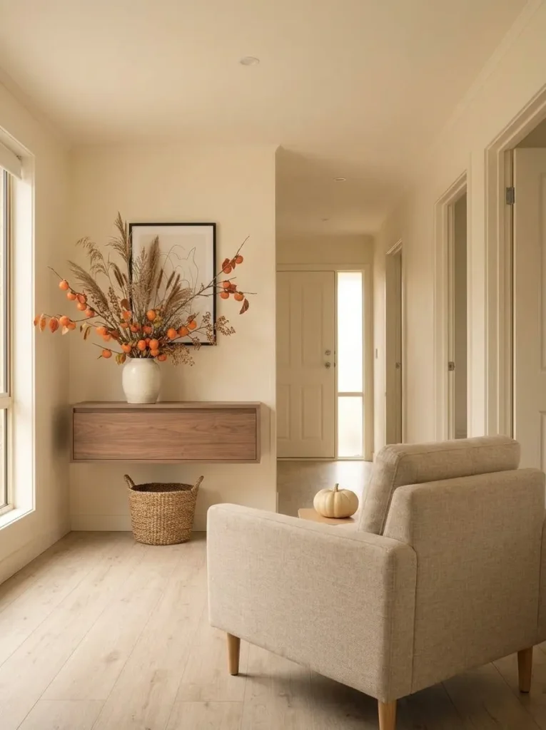 Persimmon autumn botanicals in a small mobile home replace multiple pumpkins while adding vertical seasonal color.