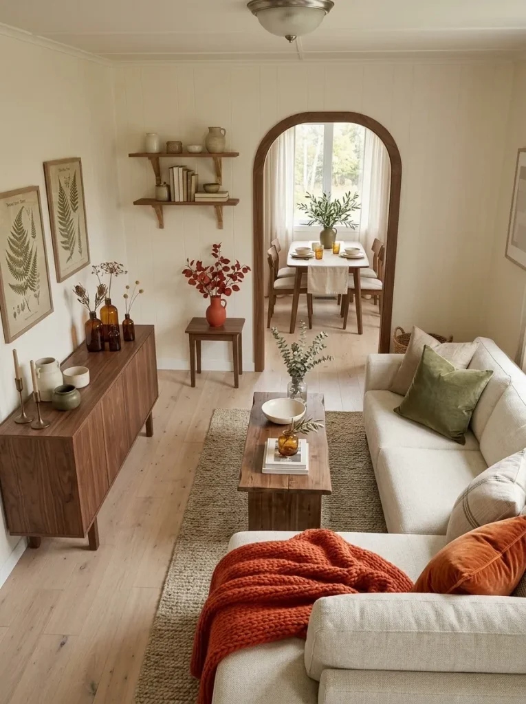 Persimmon, cream, walnut, and muted olive fall palette used throughout a small mobile home living and dining area.