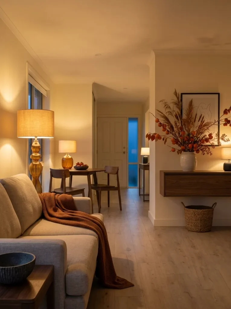 Persimmon fall decor glowing under warm evening lamps with amber glass and walnut furniture in a small mobile home.