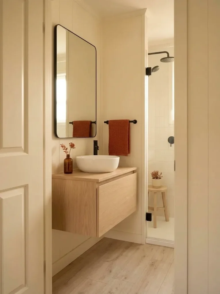 Neutral small mobile home bathroom with one Persimmon hand towel reflected in the vanity mirror.