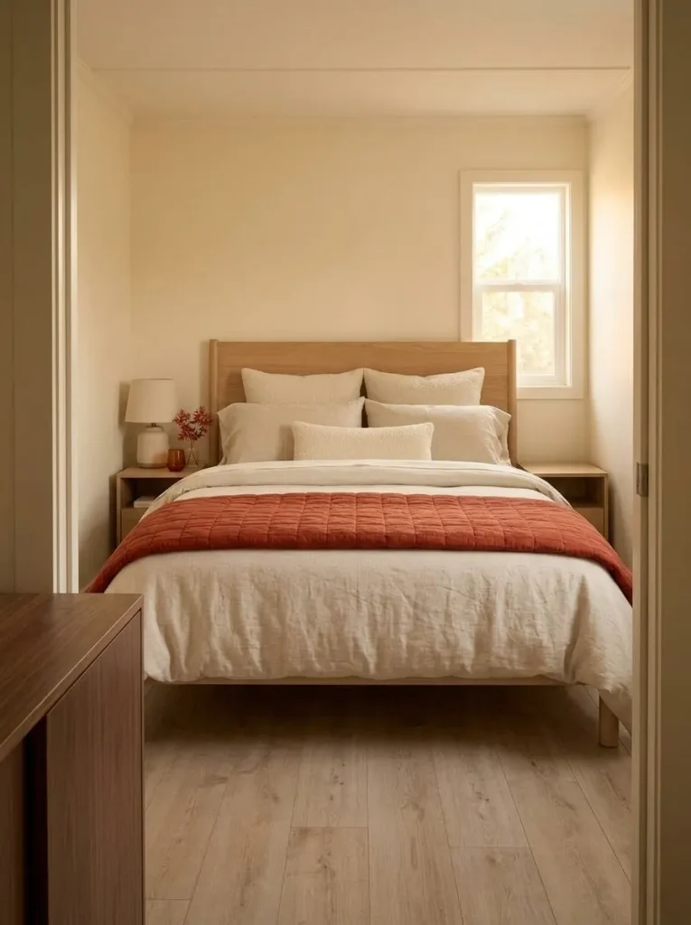 Small mobile home bedroom with a Persimmon fall throw folded across the foot of neutral cream bedding.