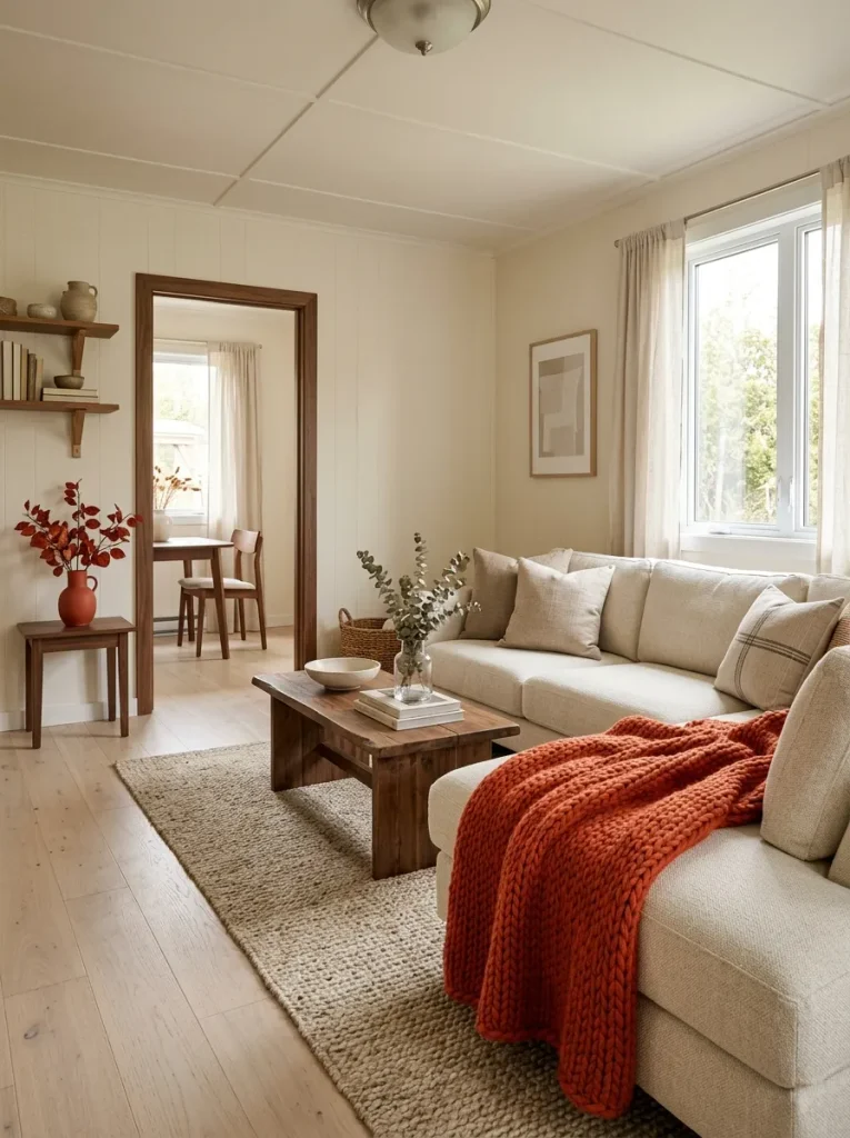 Balanced Persimmon fall accents in a cream mobile home living room with one bold textile and one smaller seasonal repeat.