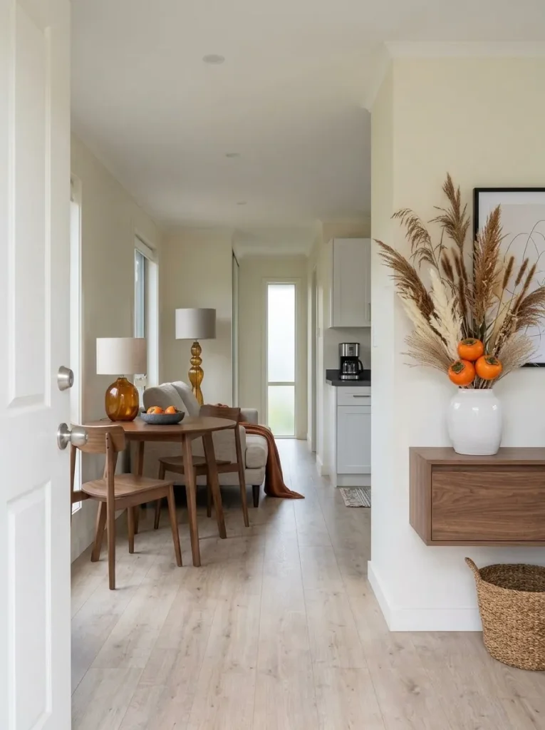 Doorway view of a small mobile home showing edited Persimmon fall decor with one strong focal accent and restrained repeats.