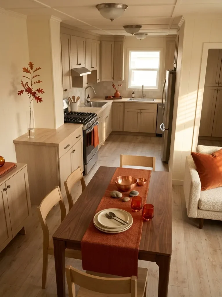 Small mobile home dining table styled with a Persimmon runner, cream dinnerware, and amber glass for fall.