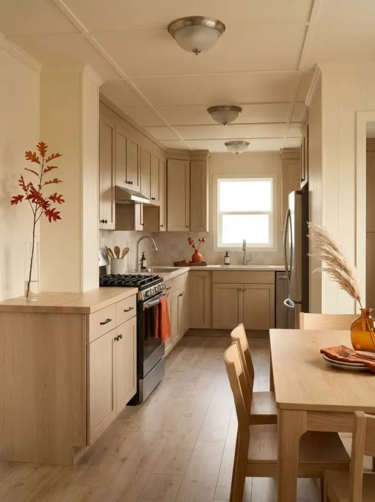 Small mobile home kitchen with Persimmon fall accents placed away from clear food-preparation counters.