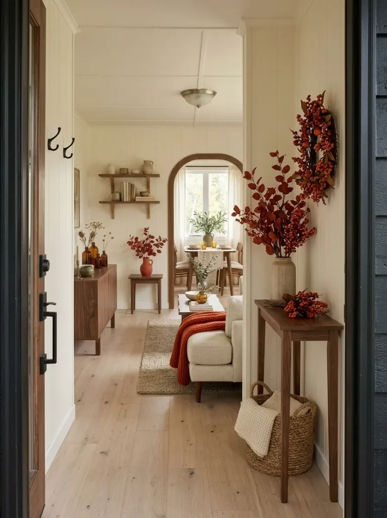 Small mobile home entry with one concentrated Persimmon fall accent, warm wood console, woven basket, and clear walking path.