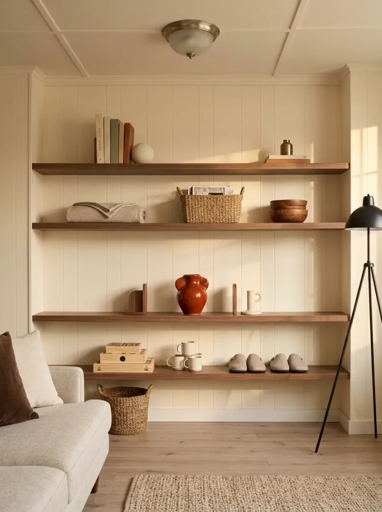 Mobile home shelving with Persimmon fall decor concentrated on one eye-level shelf and neutral storage above and below.