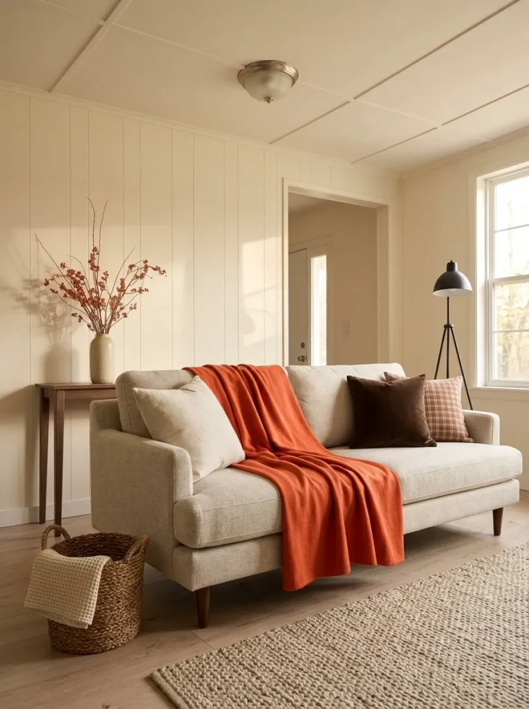 Neutral mobile home sofa styled with one Persimmon fall throw, cream pillows, warm wood, and restrained seasonal decor.