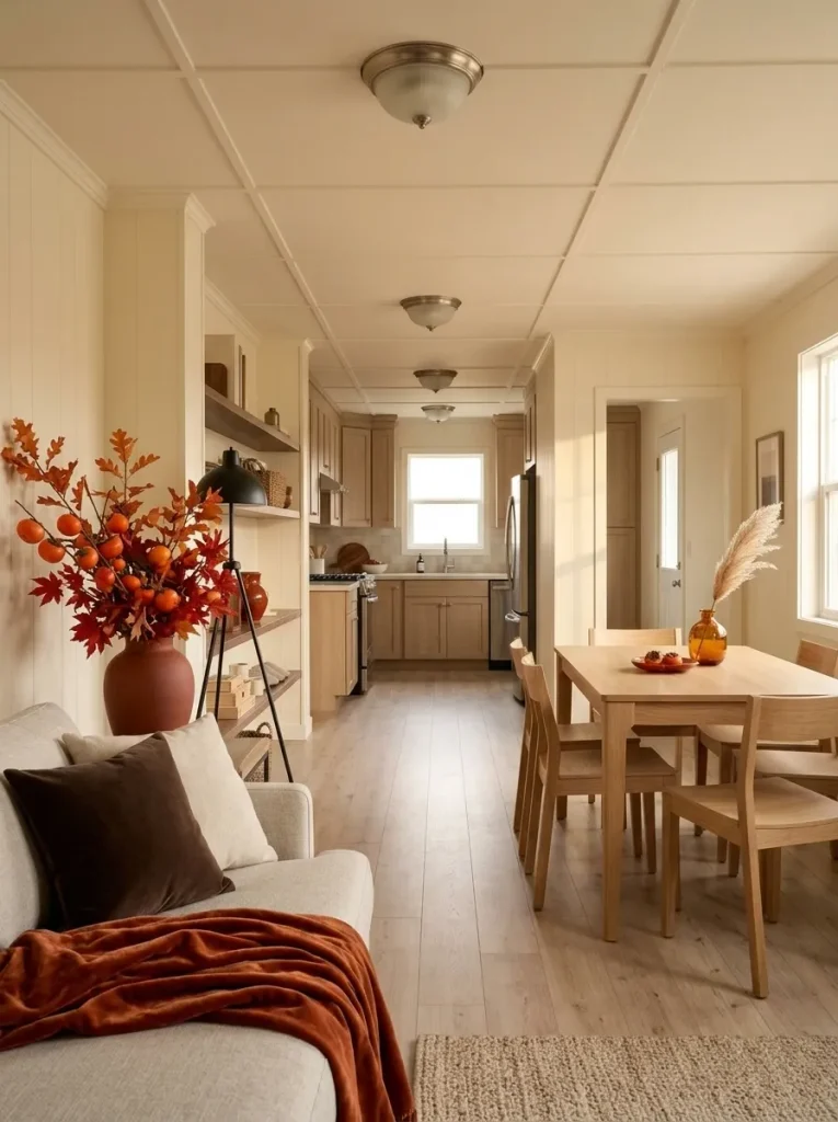 Long mobile home sightline showing strong Persimmon decor in the living room, a smaller dining repeat, and a neutral kitchen.