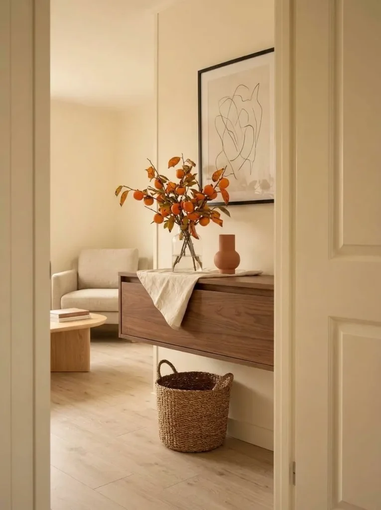 Persimmon fall foliage paired with wicker, aged wood, cream linen, and pottery in a small mobile home.
