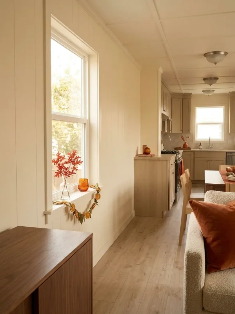 Persimmon fall accents and amber glass glowing beside a bright mobile home window while most of the glass stays open.