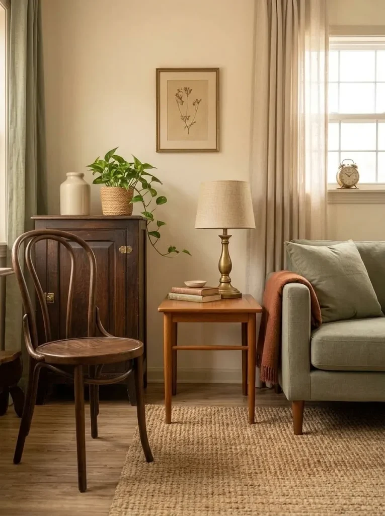 Plants, simple ceramics and woven texture connecting thrifted furniture from different eras in a mobile home living room.