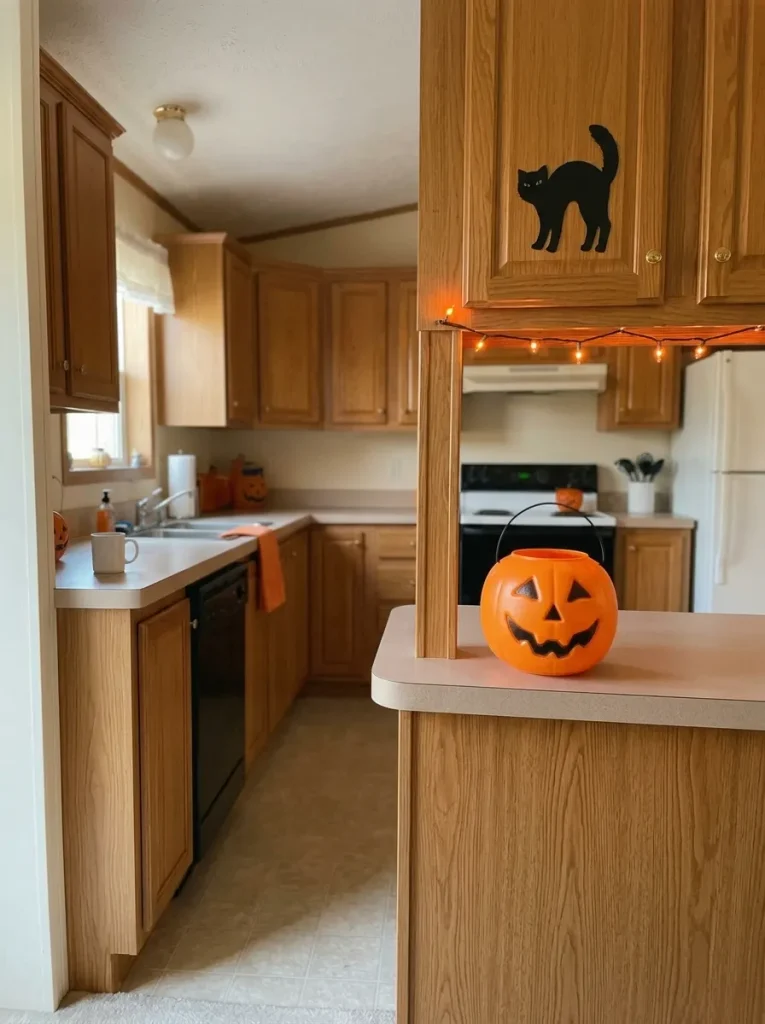 One unmistakable plastic pumpkin can carry more 90s character than a counter crowded with weaker seasonal accents.
