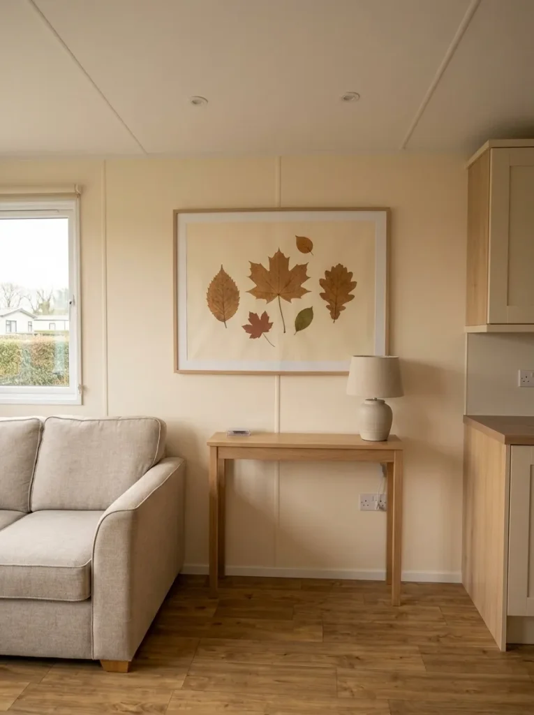 Large pressed autumn leaf botanical frame centered above a narrow console in a compact mobile home living room.