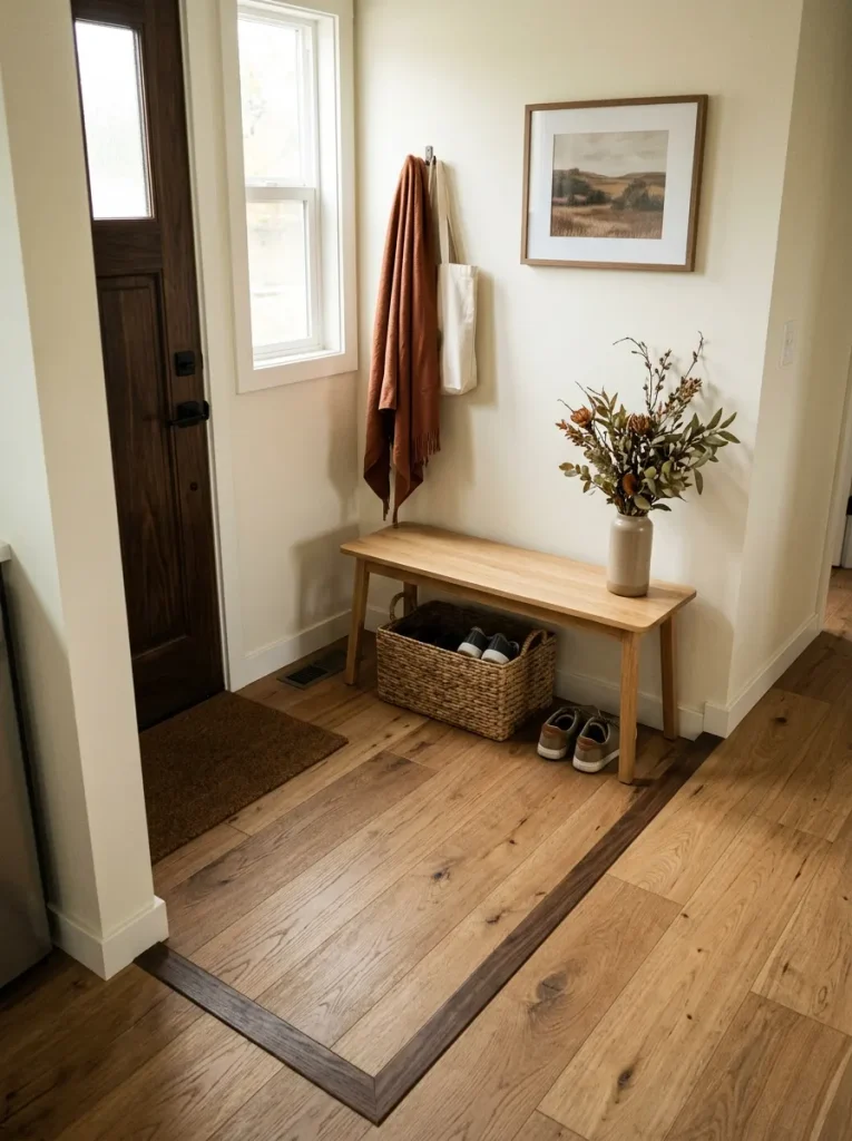 Open landing area inside a small mobile home entryway with fall decor arranged around the edges to preserve circulation.