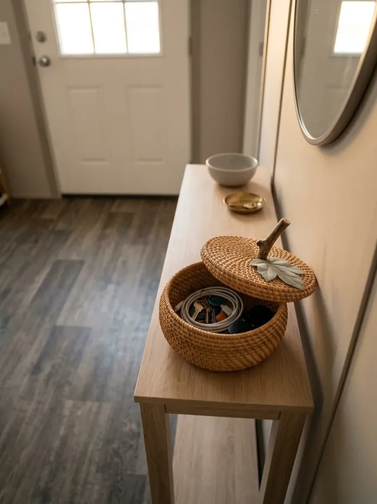 Lidded woven basket styled as a pumpkin storing small everyday items on a compact mobile home entry console.