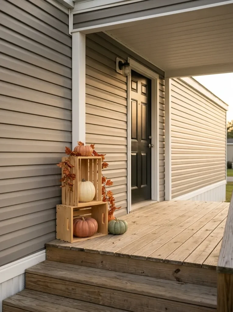 Two-crate pumpkin tower concentrated on one side of a small mobile home porch with the walkway left open.