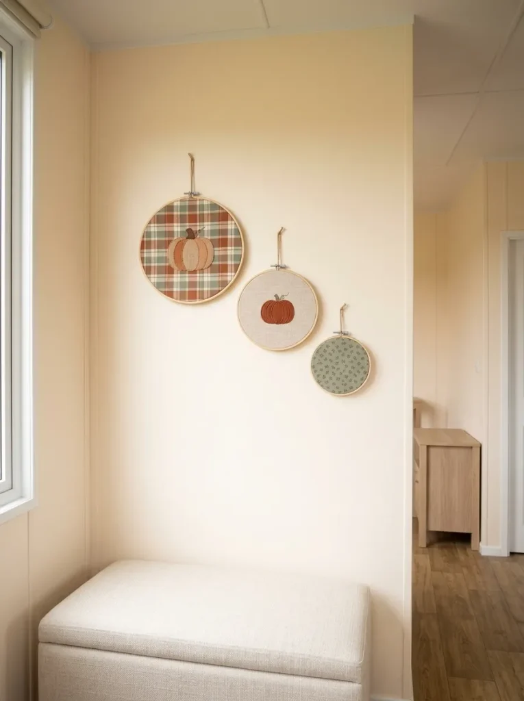 Three pumpkin embroidery-hoop wall pieces arranged diagonally above a small bench in a compact mobile home.