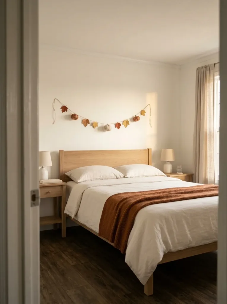 Slim pumpkin-and-leaf garland above a mobile home bed with both small nightstands left functional and uncluttered.