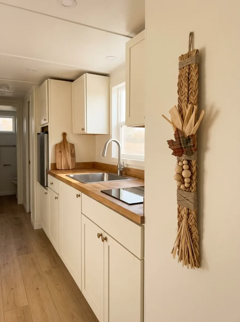 Narrow raffia and fabric fall wall charm decorating the exposed cabinet end of a compact mobile home kitchen.