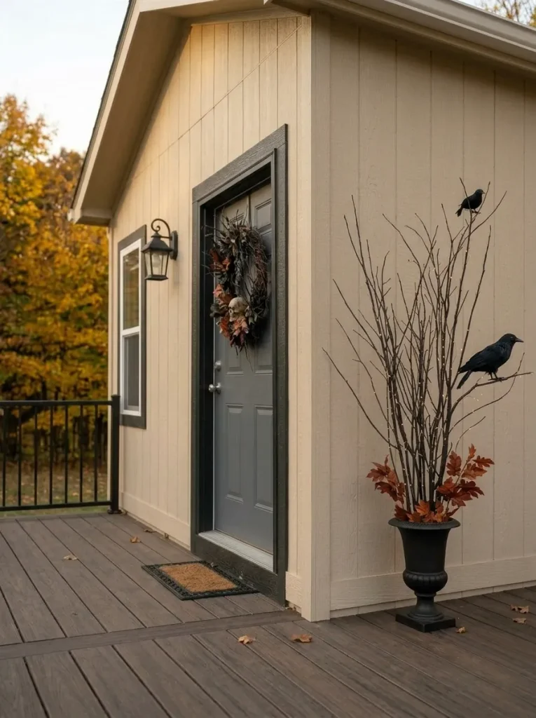 Tall bare branches with black ravens create vertical Halloween drama beside a small mobile home door without filling the landing.