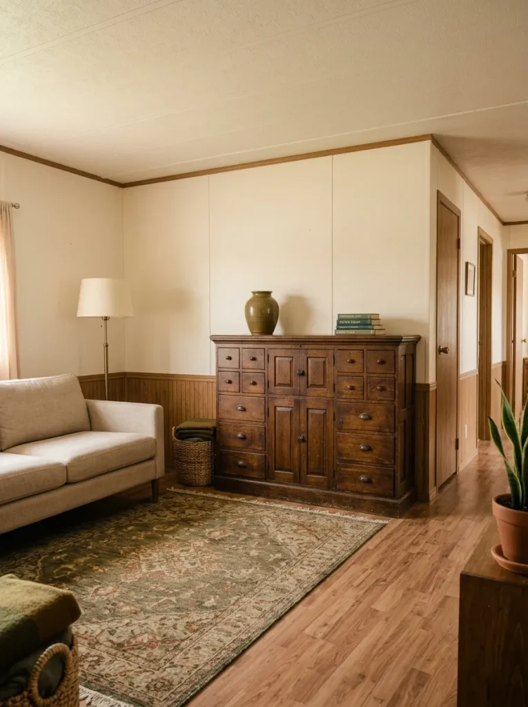 Real-wood thrifted cabinet anchoring a simple mobile home living room with minimal accessories and open visual space.