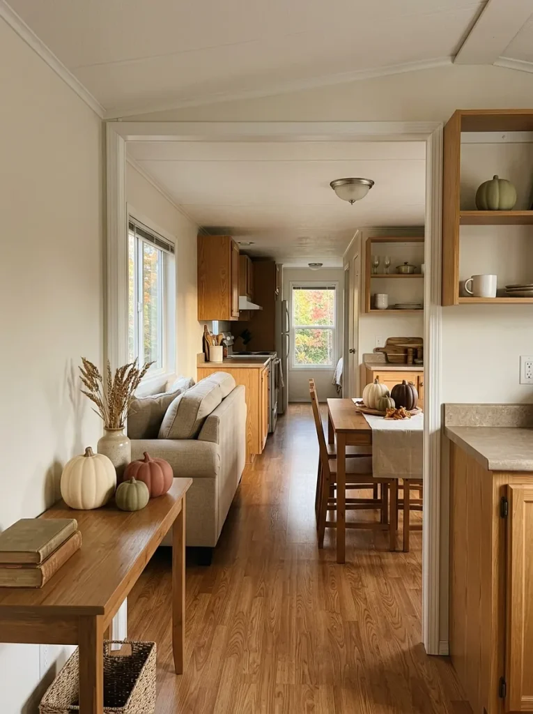Repeating a limited pumpkin palette across connected rooms makes inexpensive fall décor read as one intentional scheme instead of scattered seasonal clutter.
