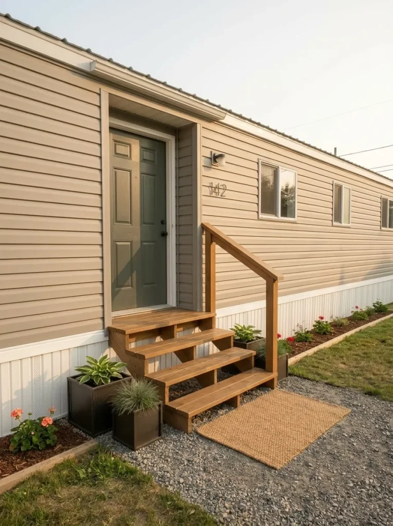 Sound existing wooden mobile home steps receive a simple cosmetic refinish beside the refreshed front door.