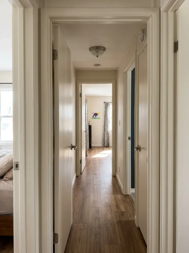 Refinished interior doors and trim create a consistent visual rhythm through a mobile home's narrow hallway.